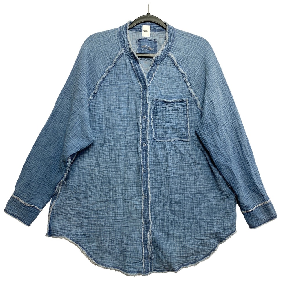 Aerie Button Down Women M Blue Gauze Raw Edge Oversized Long Sleeve Top